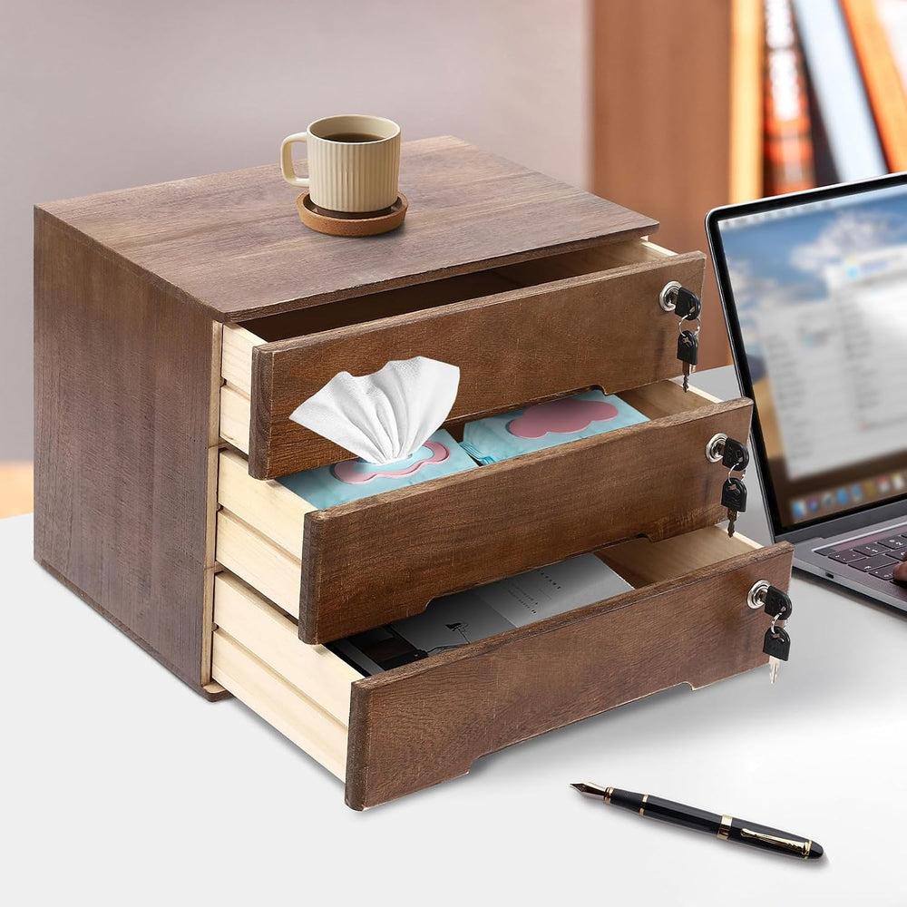3 Drawers Wood Storage Box Wooden Storage Cabinet Organizer, Tabletop Storage...