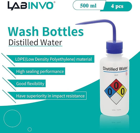 4pcs of Distilled Water Wash Bottles, Narrow Mouth, Self-Venting Safety Wash - Image 2
