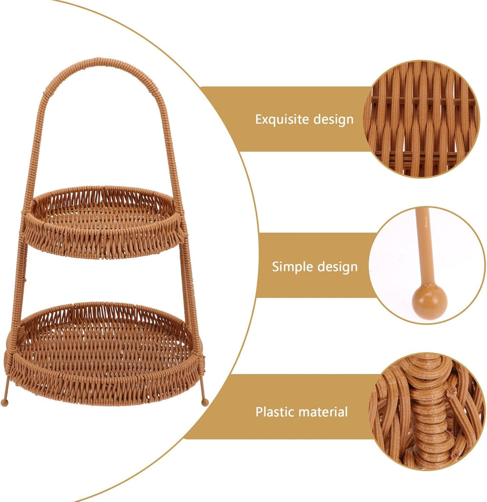 Kichvoe Handwoven Wicker Serving Baskets with Stand 2-tier Rattan Serving Tra...