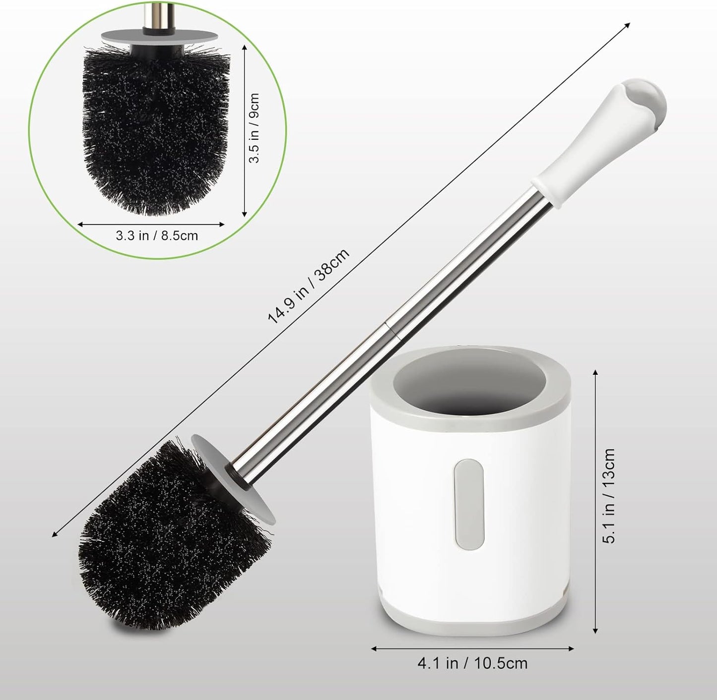 AONEZ Compact Toilet Brush & Holder, Stainless Steel Handle, Space Saving for Storage, Deep Cleaning, Drip-Proof, Easy to Assemble, Nylon Bristles, White & Grey