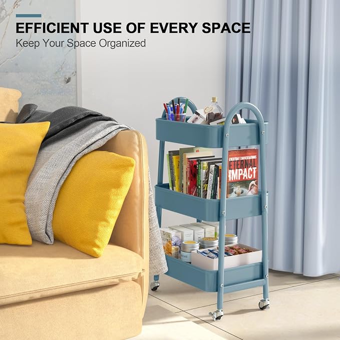 3 Tier Utility Rolling Cart, EAGMAK Metal Storage Cart - Image 7