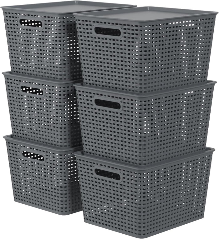 20 Quart Stackable Plastic Weave Storage Basket with Lid, 6-Pack