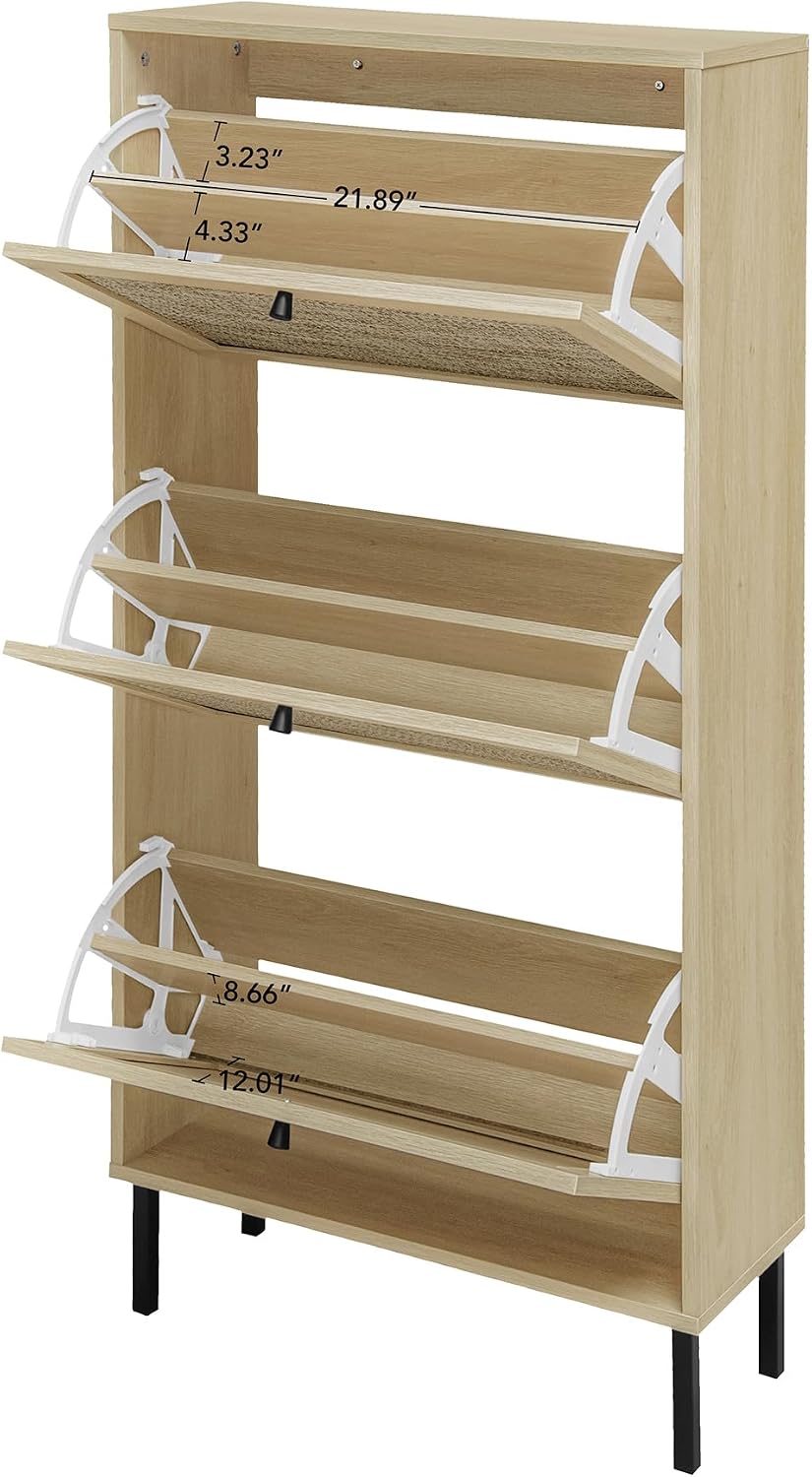 Rattan Shoe Cabinet with 3 Flip Drawer Slim Narrow Shoe Rack Cabinet with Sto...