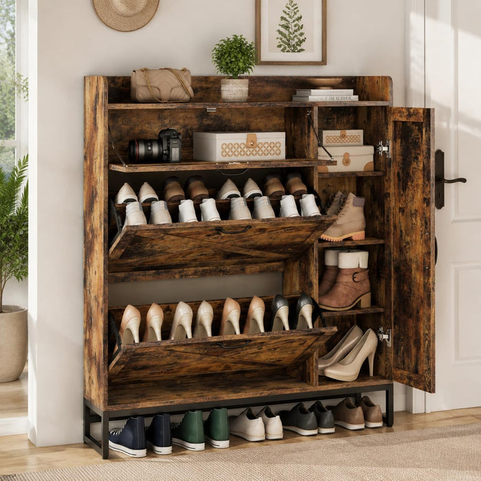 Loomie Farmhouse Flip Drawer Shoe Cabinet, Shoe Organizer with Side Cabinet