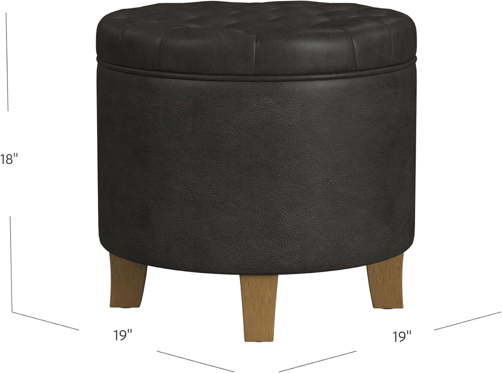 HomePop 19" Faux Leather Button Tufted Round Storage Ottoman - Black