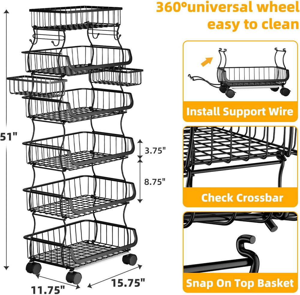 Simple Trending 6 Tier Rolling Cart, Stackable Basket Black
