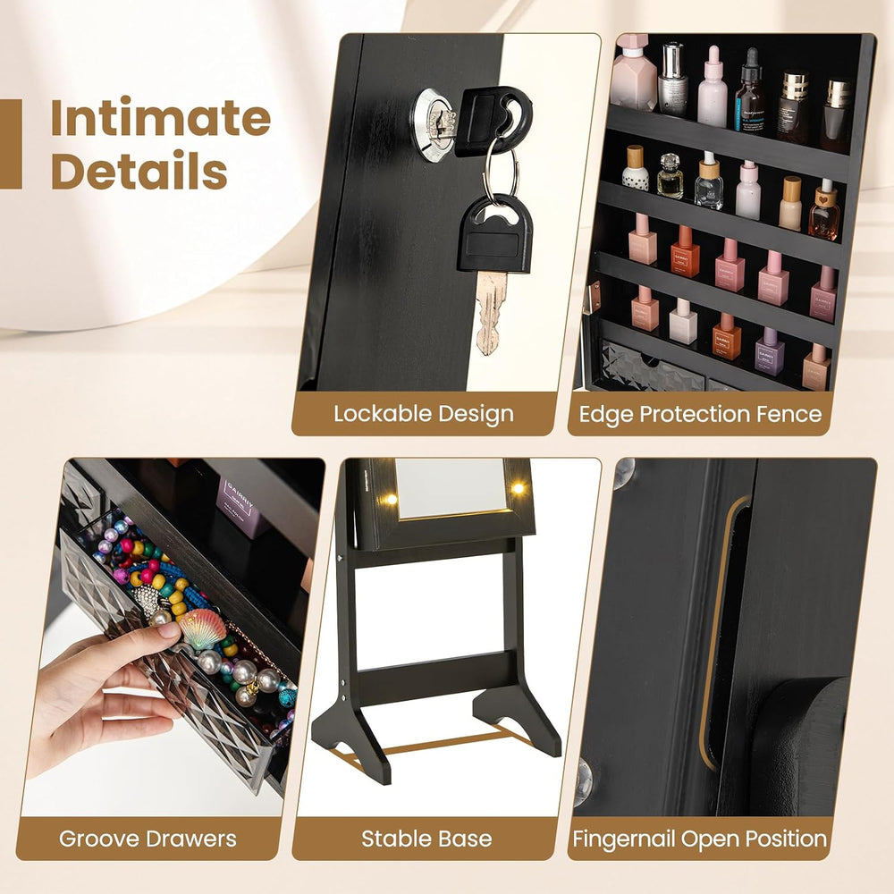 Giantex Standing Jewelry Armoire with Lighted Full Length Mirror, Lockable Je...