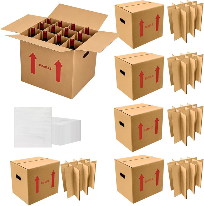 6-Pack 12-Bottle Wine Boxes for Moving 14"x12"x13" Wine Shipping Boxes with Reinforced Cardboard, Divider Kits & Handles,Glassware Packing Kits with Corrugated Dividers for Moving, Travel