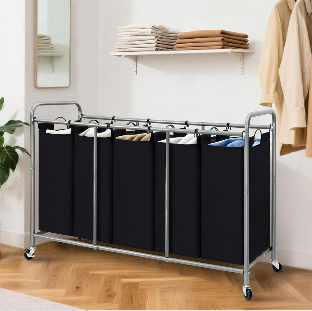 STORAGE MANIAC 5 Section Laundry Sorter, 5 Bins Rolling Separator Laundry Bas...