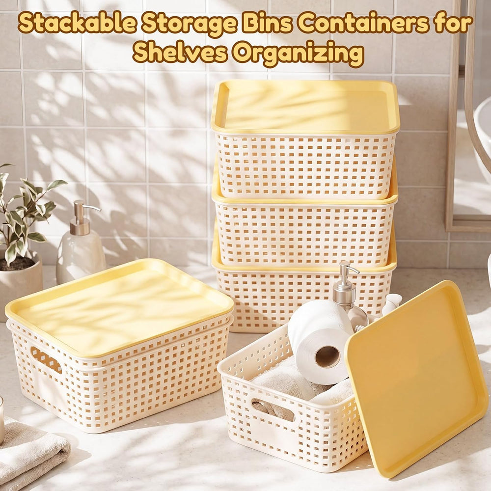 Remerry 12 Pack Plastic Storage Baskets with Lids Stackable, Cream White
