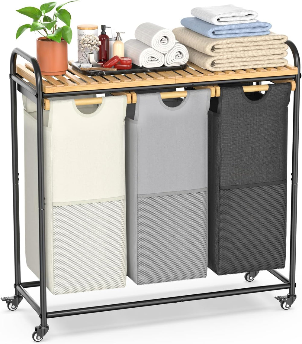 Laundry Hampers 3 Section, Laundry Sorter with Removable Shelf and Pull-Out B...