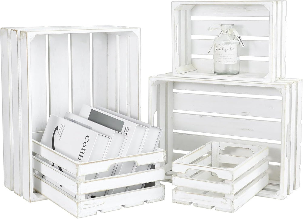 5-Piece Rustic White Wooden Crates Set, Wall Mountable Slatted Storage Crates...