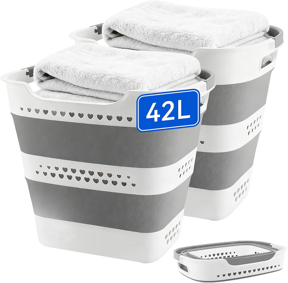 2 Pcs 42L Medium Collapsible Plastic Laundry Basket with Handles, Foldable La...