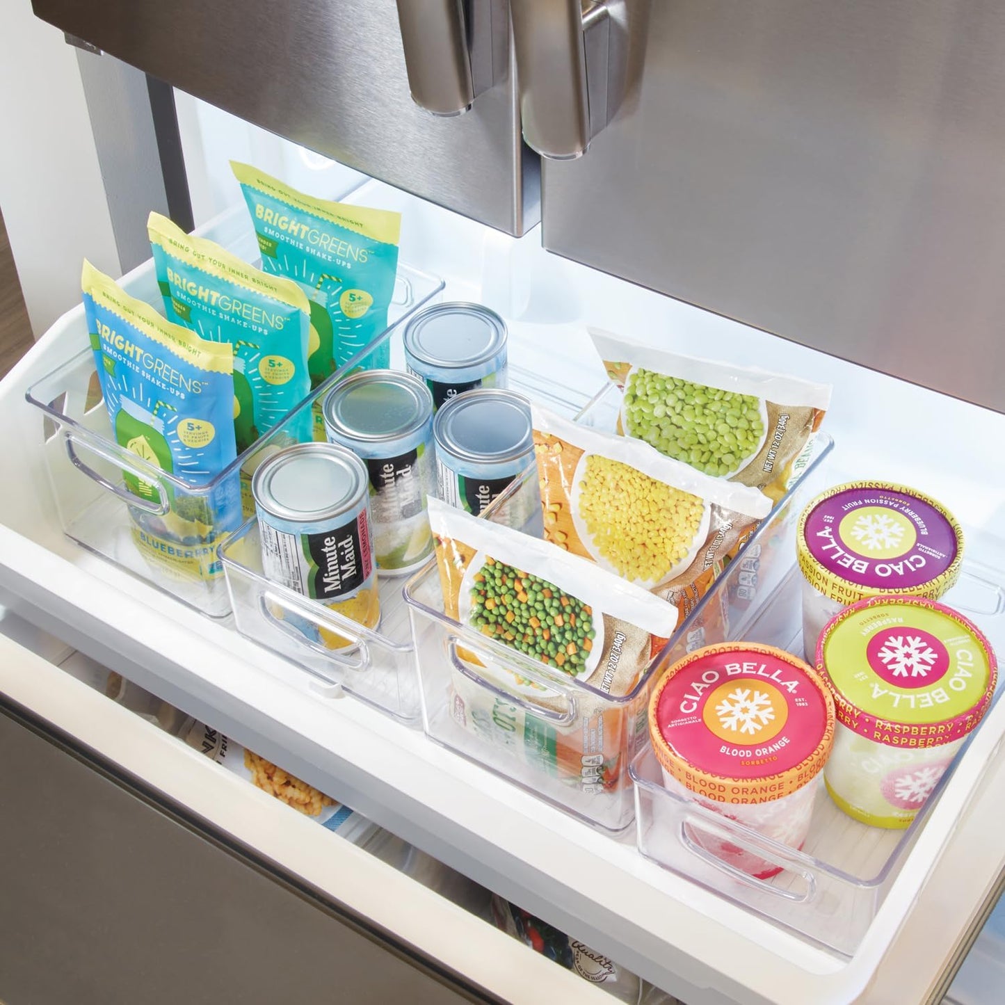 InterDesign iDesign Plastic Fridge and Freezer Organizer Bin with Integrated Handles – 10” x 5” x 6”, Clear (Pack of 4)