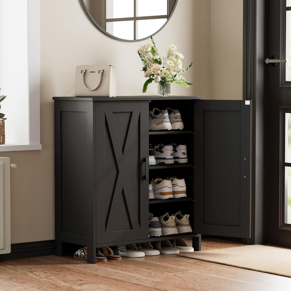 Homleke Farmhouse Shoe Cabinet with 2 Barn Doors & Wood Legs