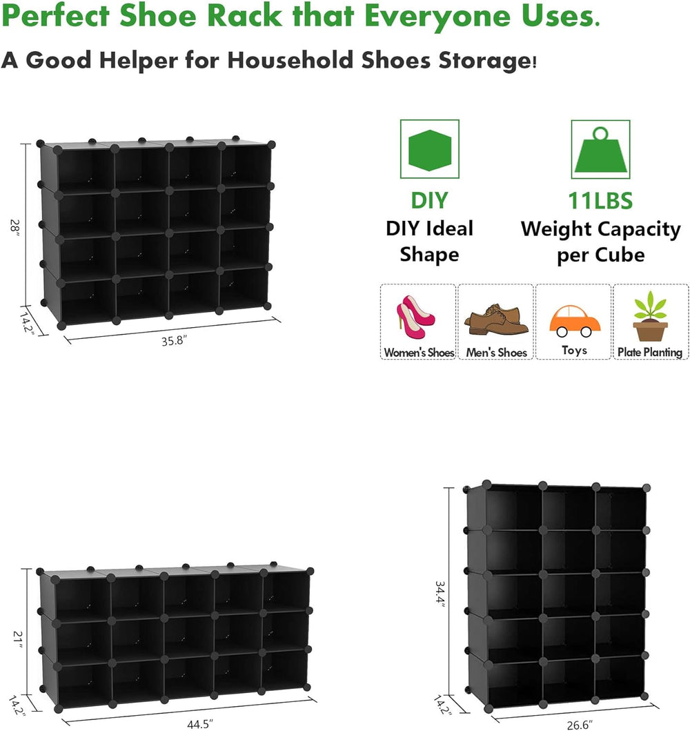 C&AHOME Plastic Shoe Rack,16-Cube Stackable Shoe Organizer Units, Black