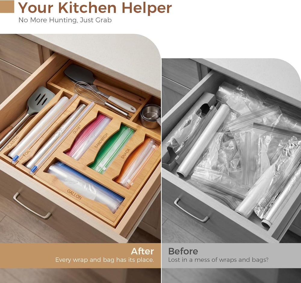 6-in-1 Bamboo Kitchen Drawer Organizer for Storage Bag, Foil & Plastic Wrap