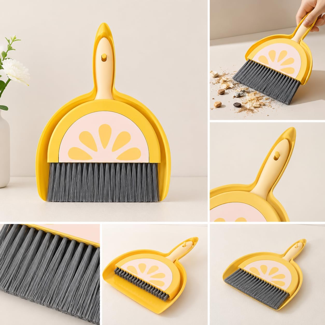 1Set Cute Lemon Mini Dustpan and Brush Set, Adorable Desktop Cleaning Tool, Small Yellow Sweeping Combo for Home, Office, Keyboard, Pet Cage and Desk Debris Tidying