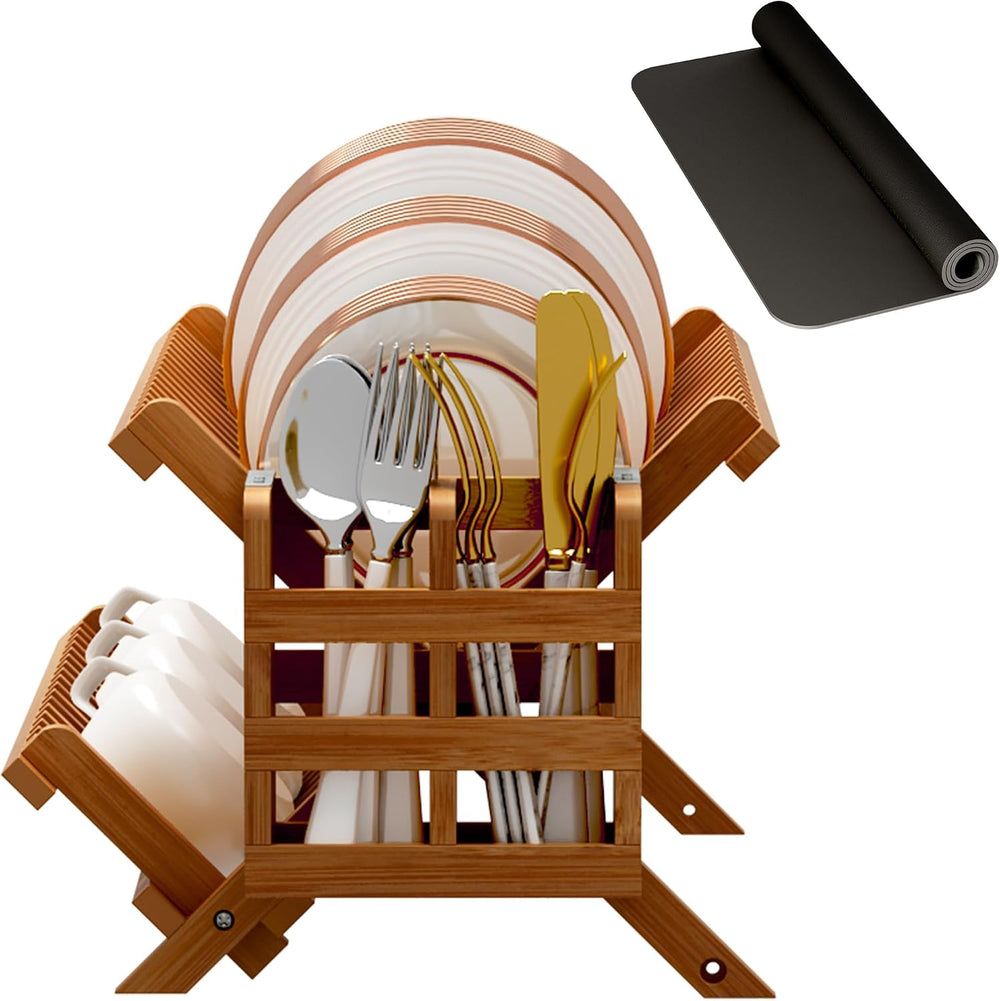 Greenual Teak Dish Drying Rack with Utensil Holder, 2 Tier Collapsible Dish R...