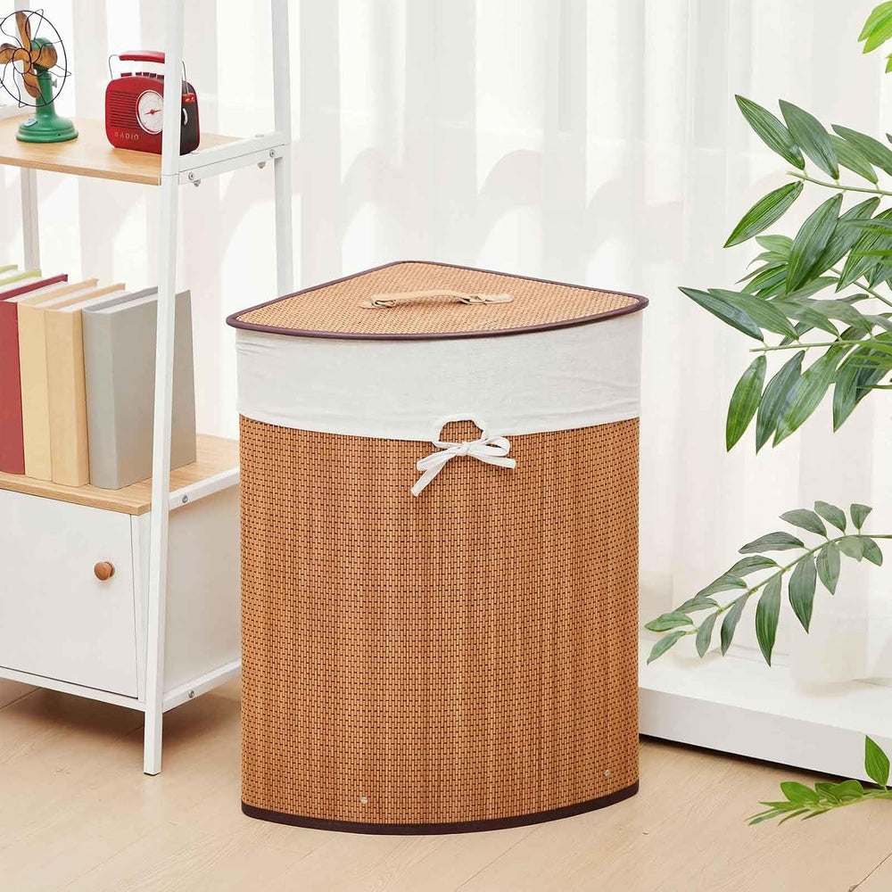 Gueevin Corner Bamboo Laundry Hamper with Lid and Removable Liner Corner Bamb...