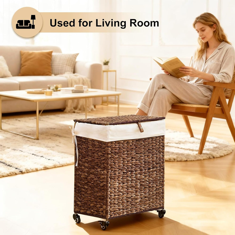 Handwoven Laundry Hamper with Wheels, Natural Water Hyacinth Rolling Laundry ...