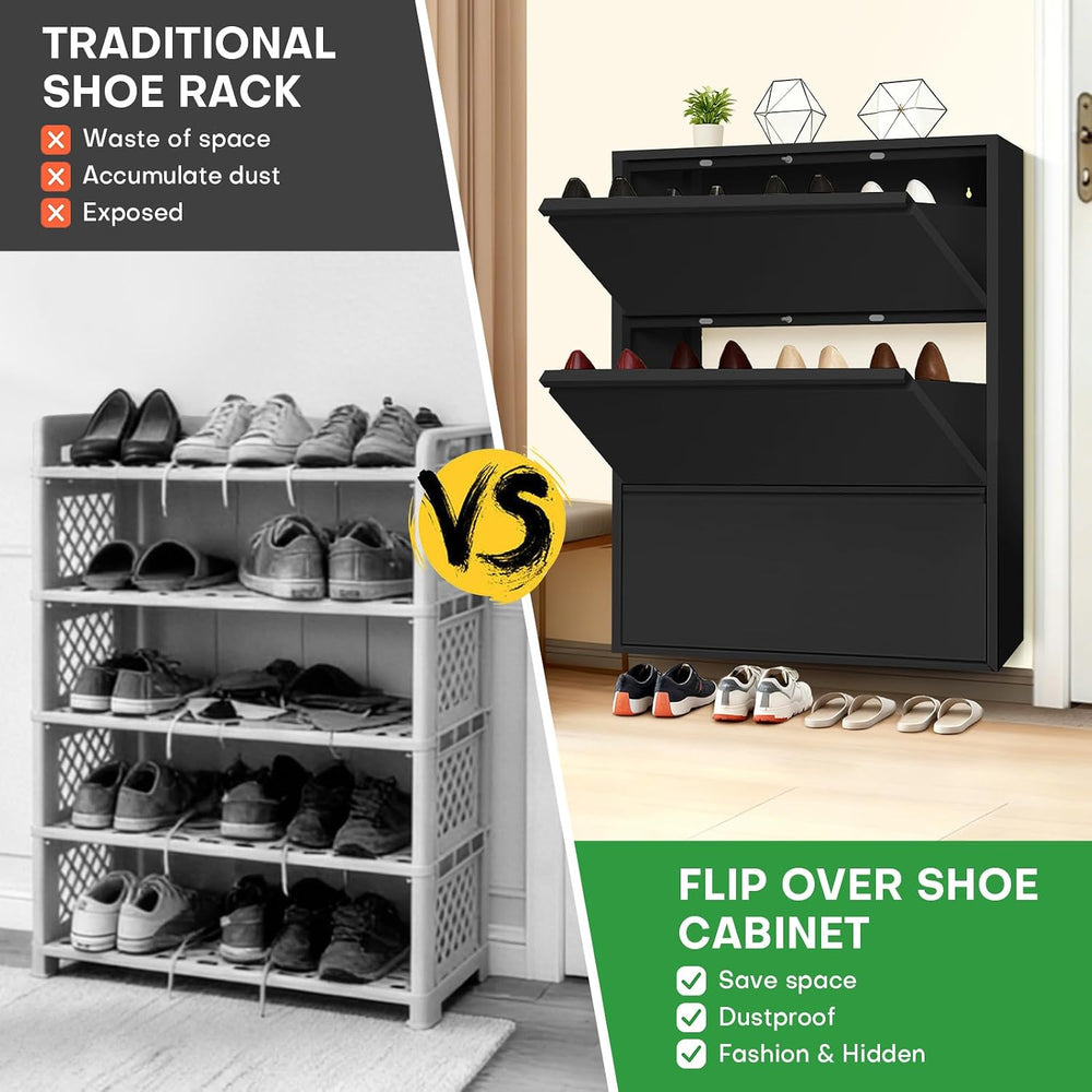 Shoe Storage Cabinet with 3 Flip Drawers, Hidden Slim Narrow Shoe Rack Cabine...