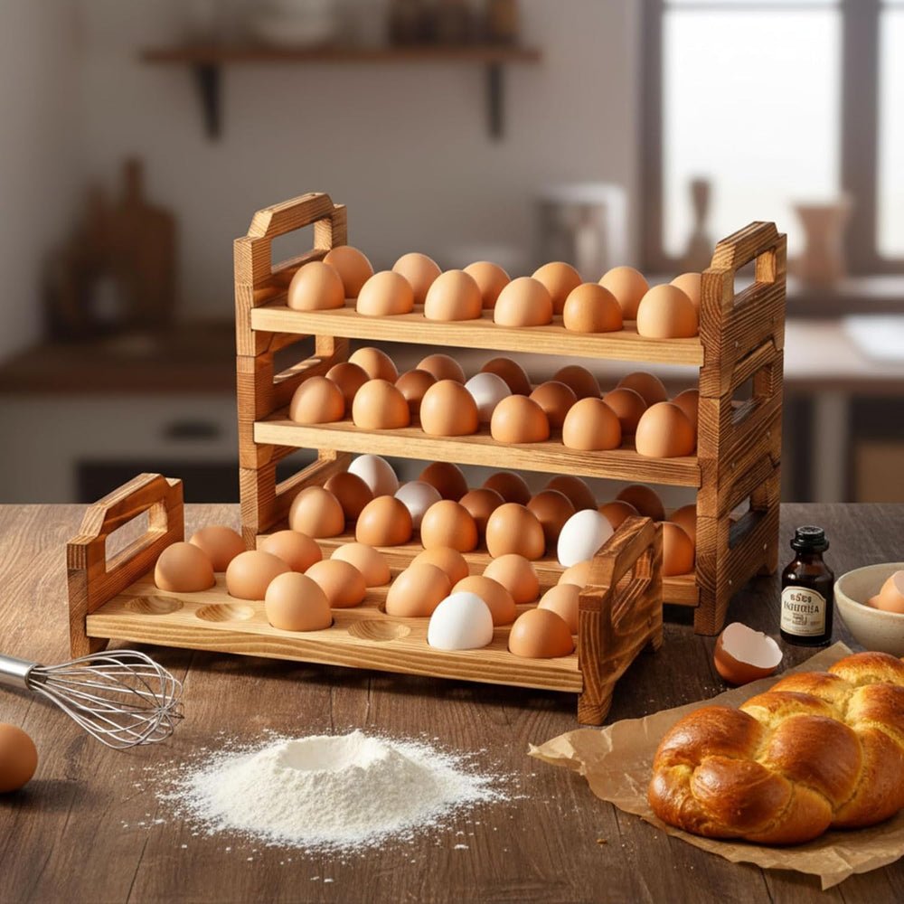 Reallnaive 4 Tier Wooden Egg Holder for Countertop Stackable, Brown, Pine