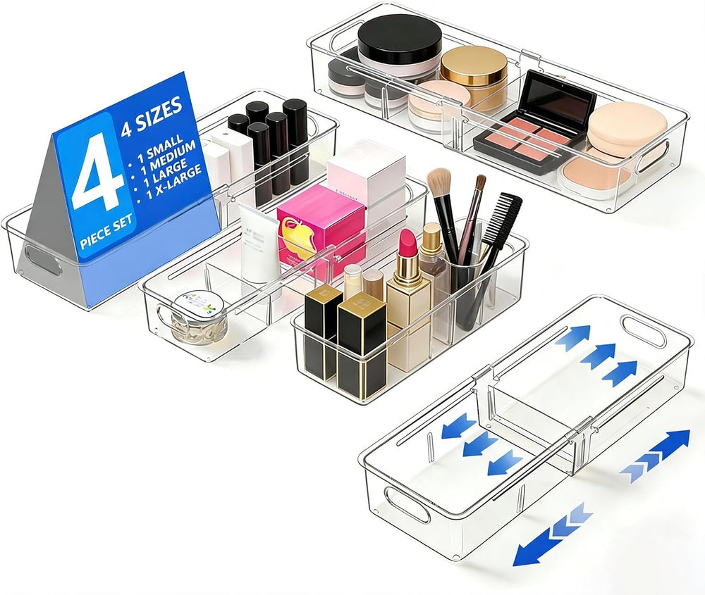 4 Pcs Expandable Drawer Organizer, Adjustable Desk Drawer Organizer with Divi...