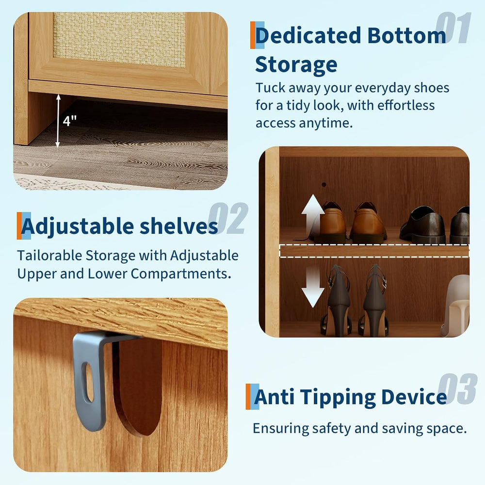 6-Tier 41" Tall Rattan Shoe Storage Cabinet with 3 Doors and Adjustable ...