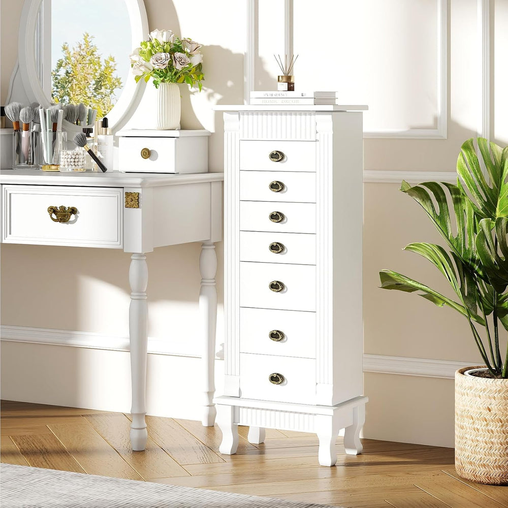 GIANTEX Standing Jewelry Cabinet with 7 Drawers, Flip-Top Mirror, White