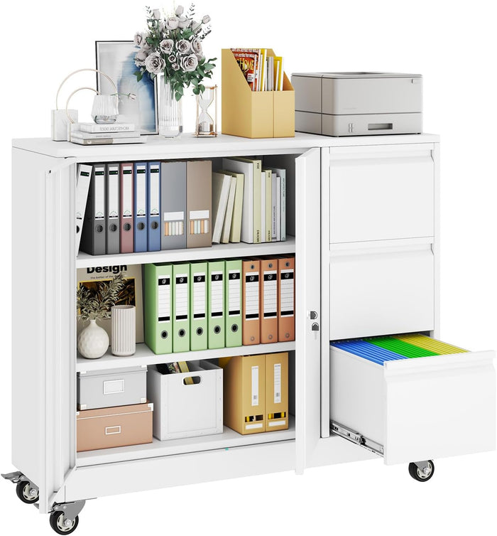 3 Drawer Lockable Lateral Mobile Steel File Cabinet with Wheels, White