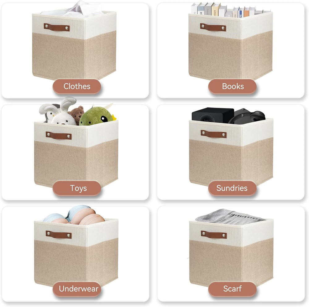 SNWDN 6 Pack Collapsible Fabric Storage Baskets with Handles (White/Beige 11x...