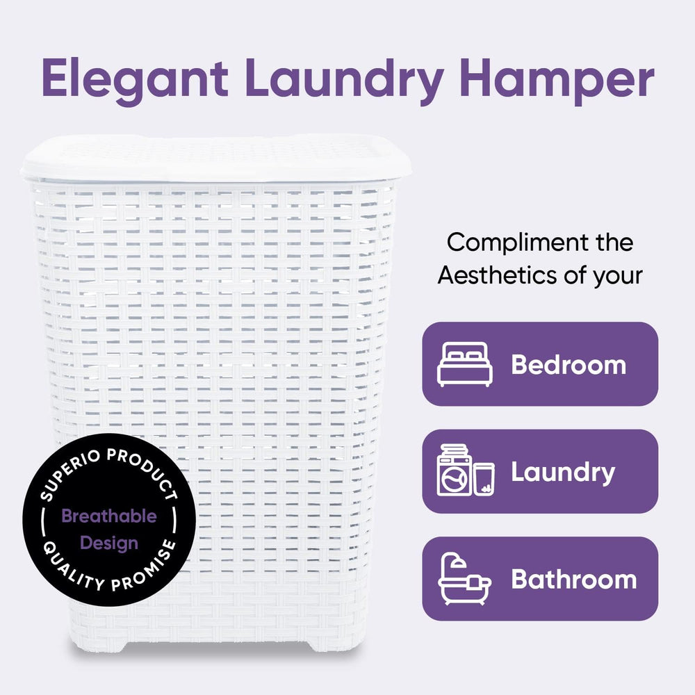 Plastic Laundry Hamper with Lid Laundry Hamper Basket, White 2 Pack Tall Clot...