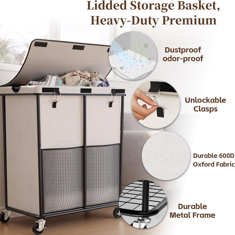Laundry Hamper with Wheels and Lid, 225L Large Rolling Laundry Basket White