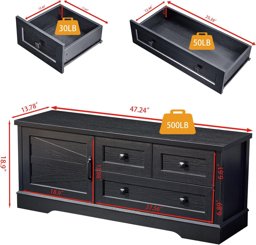 End of Bed Storage Bench, Farmhouse Bed Bench with Drawers & Cabinet, Black