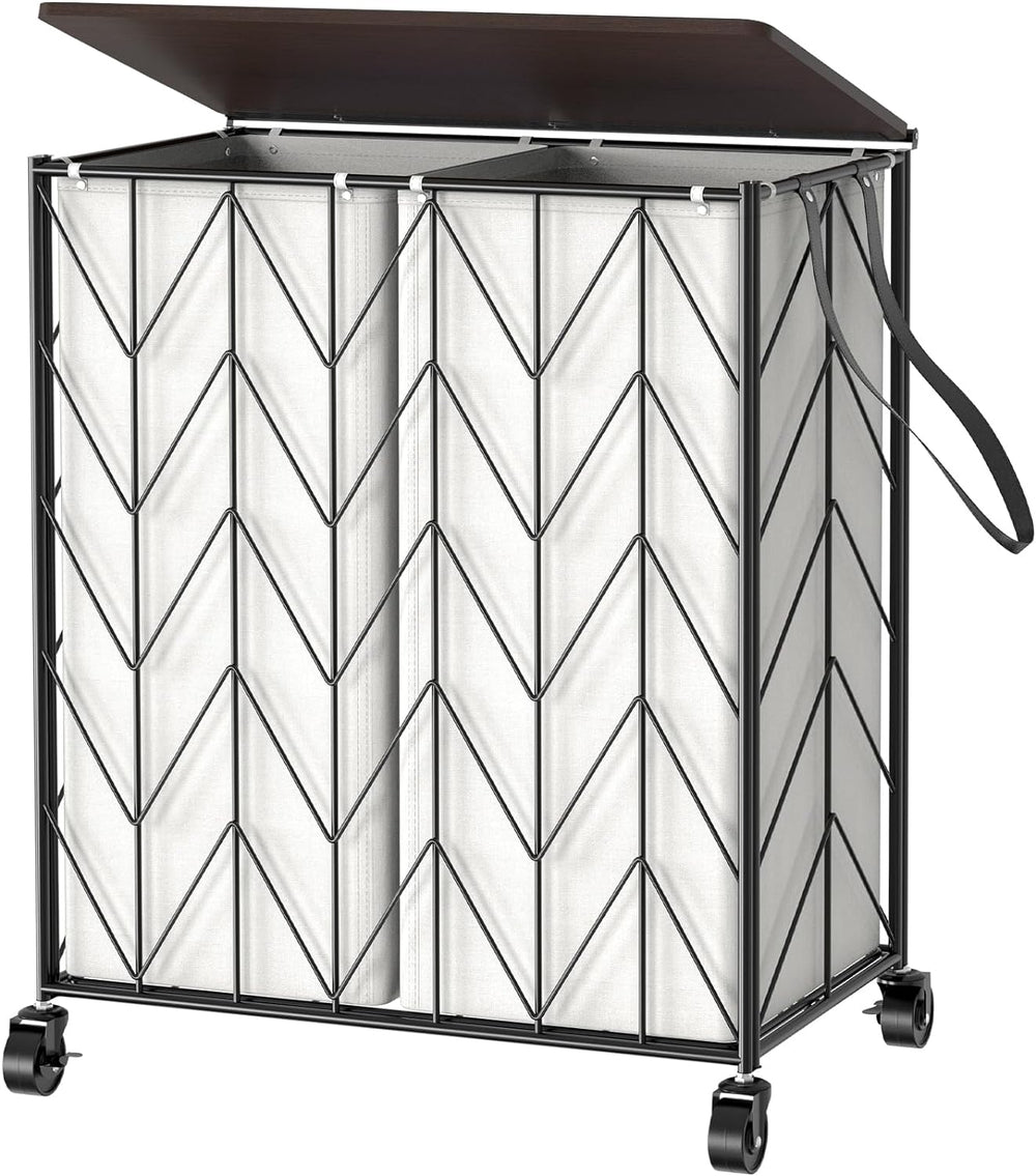 WOWLIVE Double Laundry Hamper with Lid, Rolling Laundry Basket with Wheels