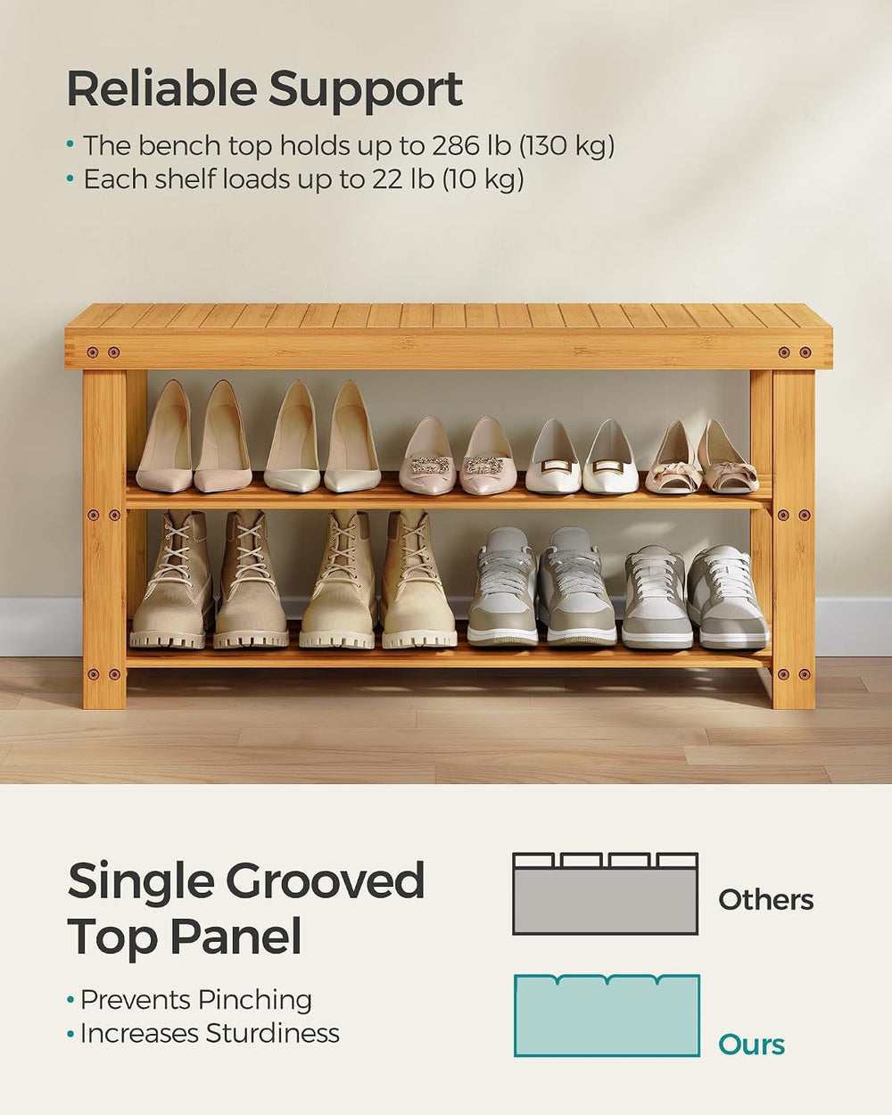 SONGMICS Shoe Rack Bench, 3-Tier Bamboo Entryway Bench, 35.4 Inches Width