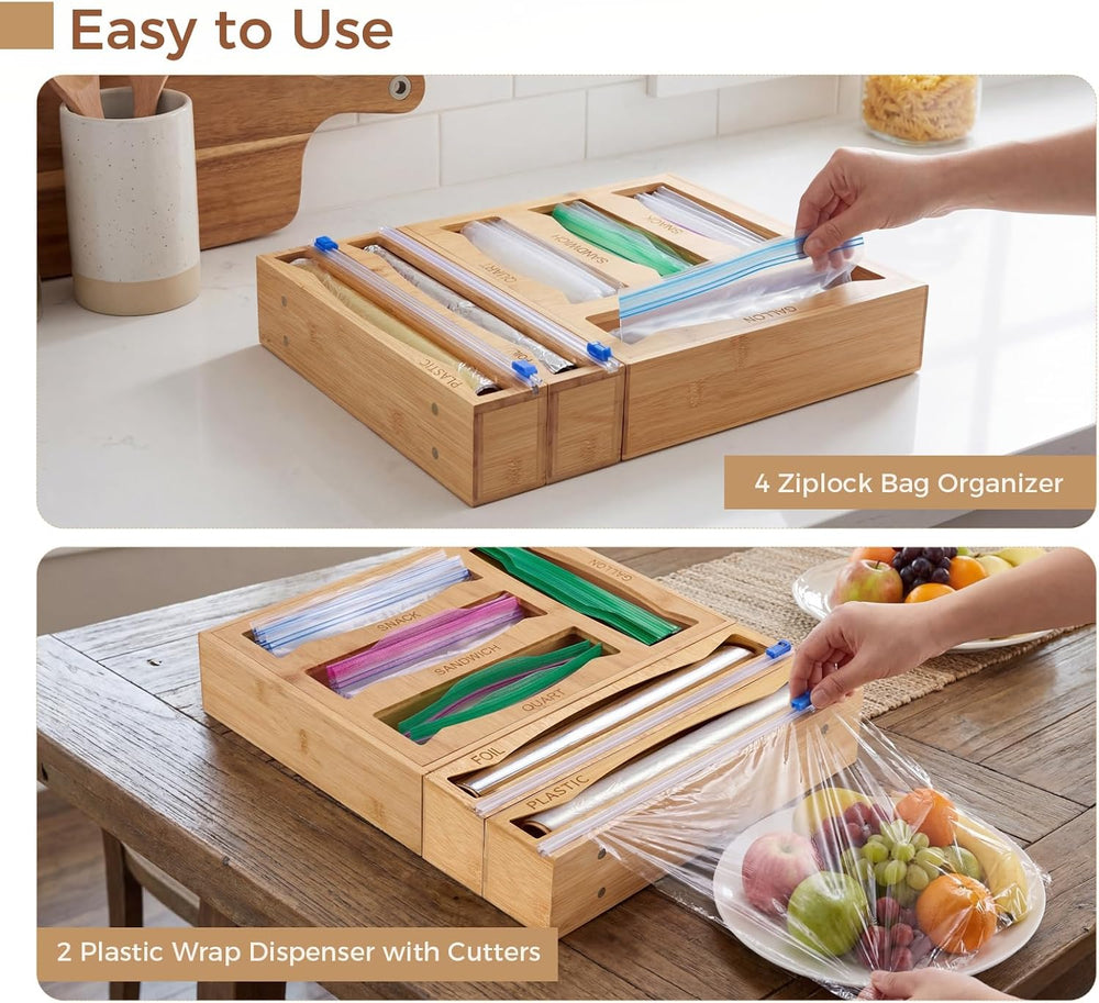 6-in-1 Bamboo Kitchen Drawer Organizer for Storage Bag, Foil & Plastic Wrap