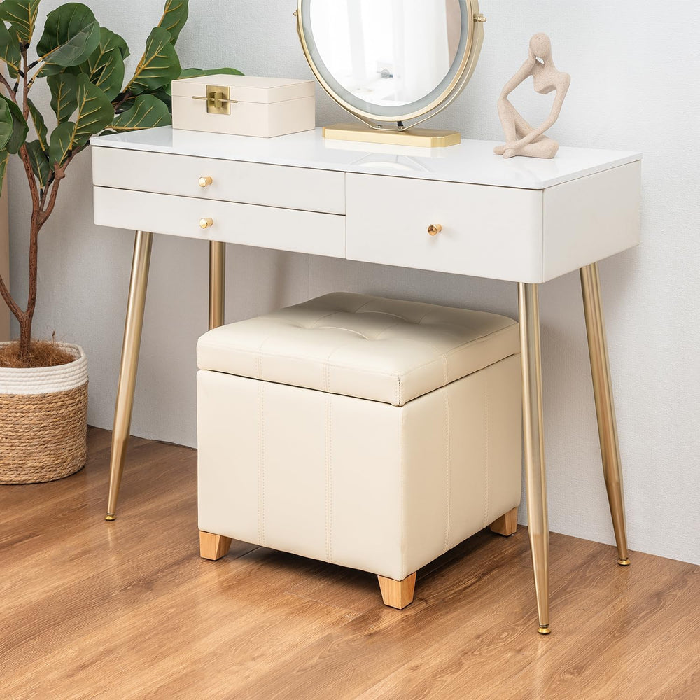 Adeco Square Storage Ottoman with Hinged Lid, 16" Upholstered Foot Stool...