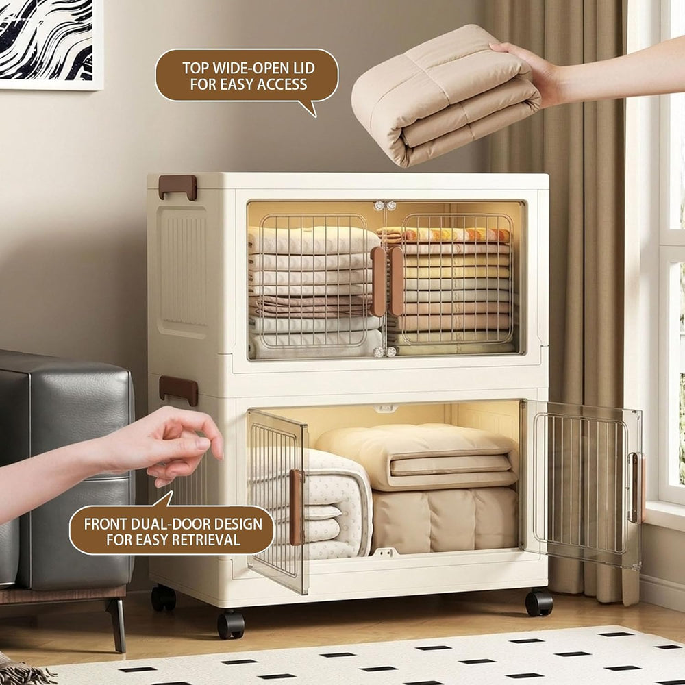 154QT Stackable Collapsible Storage Bins withLids and Front Doors, Rolling Li...