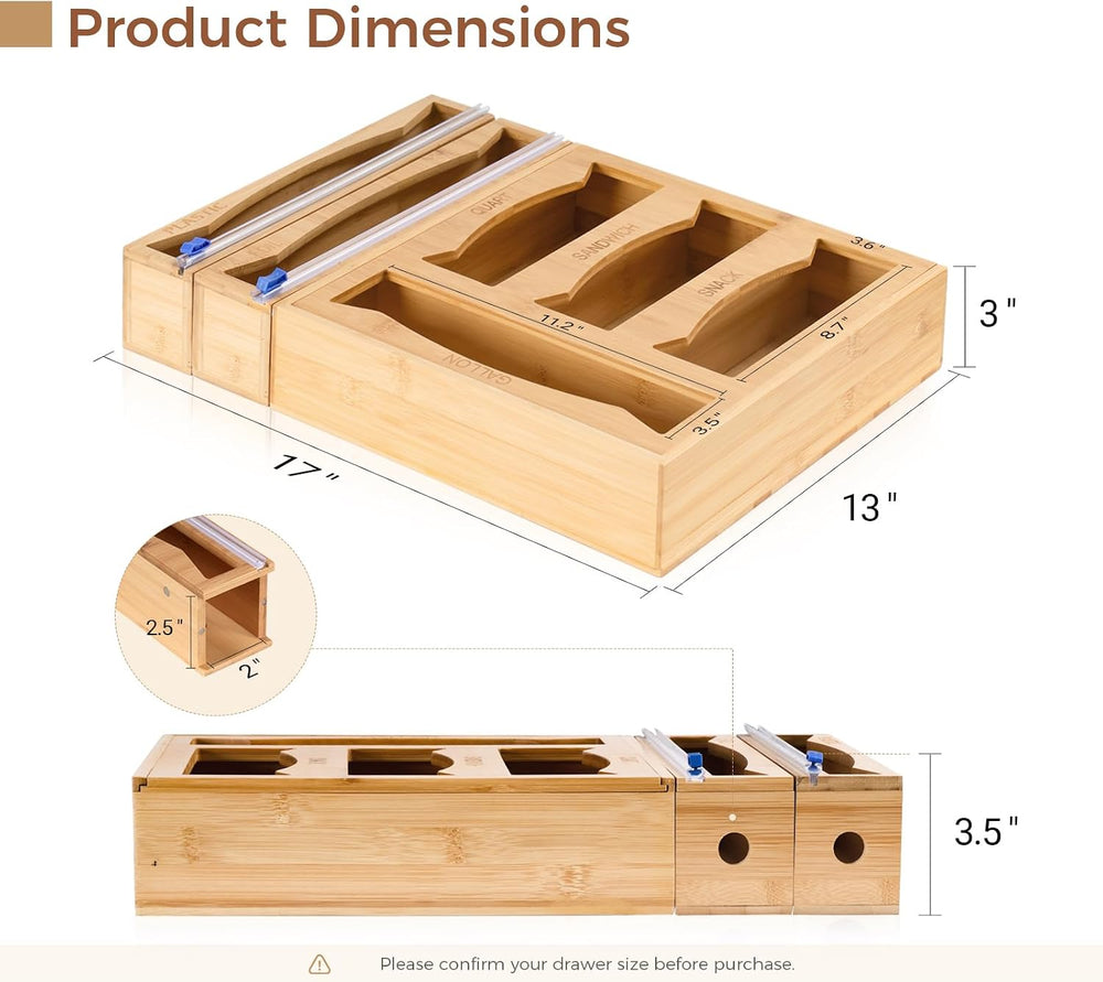 6-in-1 Bamboo Kitchen Drawer Organizer for Storage Bag, Foil & Plastic Wrap