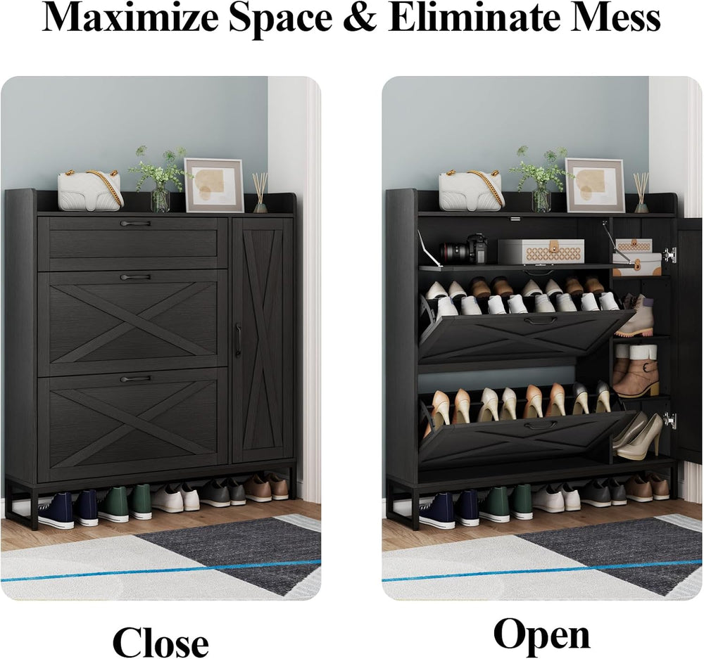 Loomie Farmhouse Flip Drawer Shoe Cabinet, Shoe Organizer with Side Cabinet