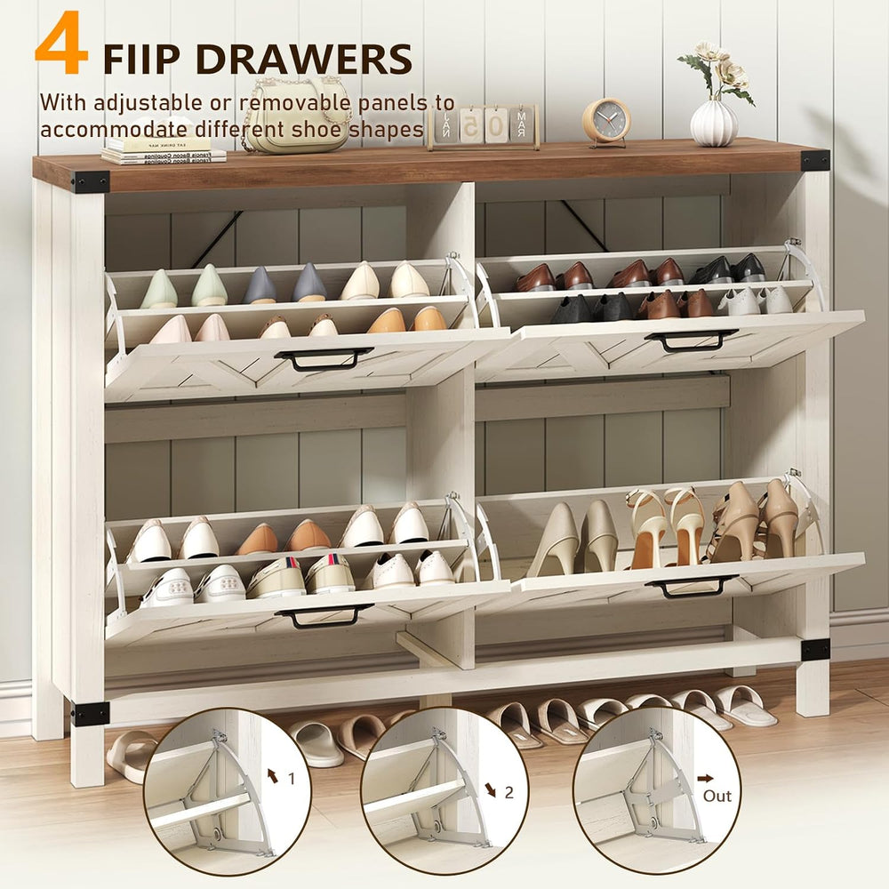 47" Farmhouse Shoe Cabinet with 4 Flip Drawers for Entryway, Hallway