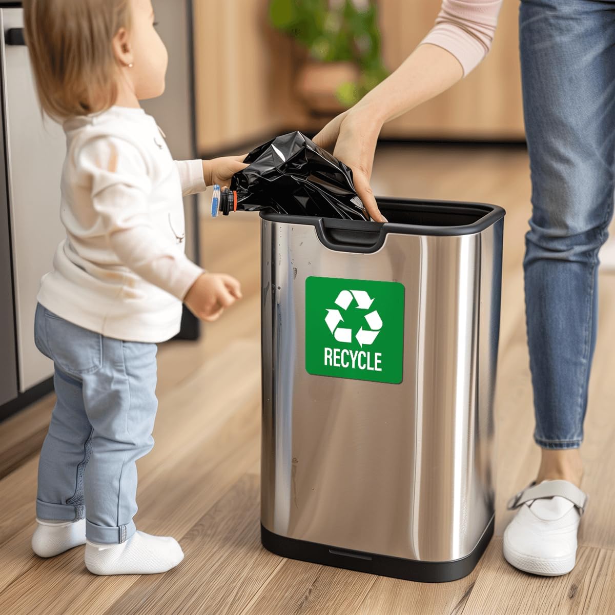 Pack 8 Pcs Recycle and Trash Sticker for Trash Cans Garbage Bins Waste Signs Recycling Bin Labels Outdoor Indoor Offices Home Bumper Stickers Reusable Waterproof Vinyl Decals Set