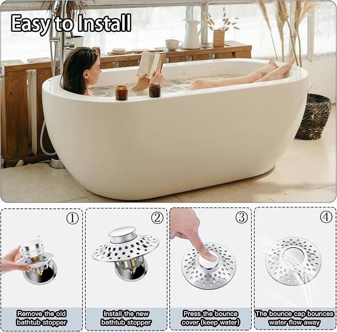 Tub Stopper Bathtub Drain Hair Catcher, 2 in 1 Bathtub Drain Stopper, Bathtub - Image 7