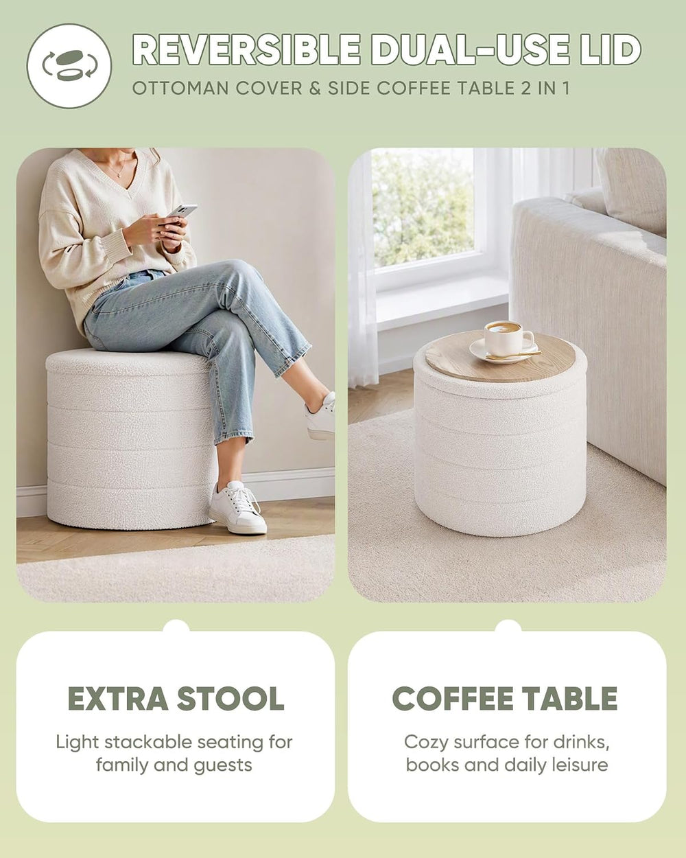 B FSOBEIIALEO Folding Storage Ottoman, Round Sherpa Ottomans, Cream White