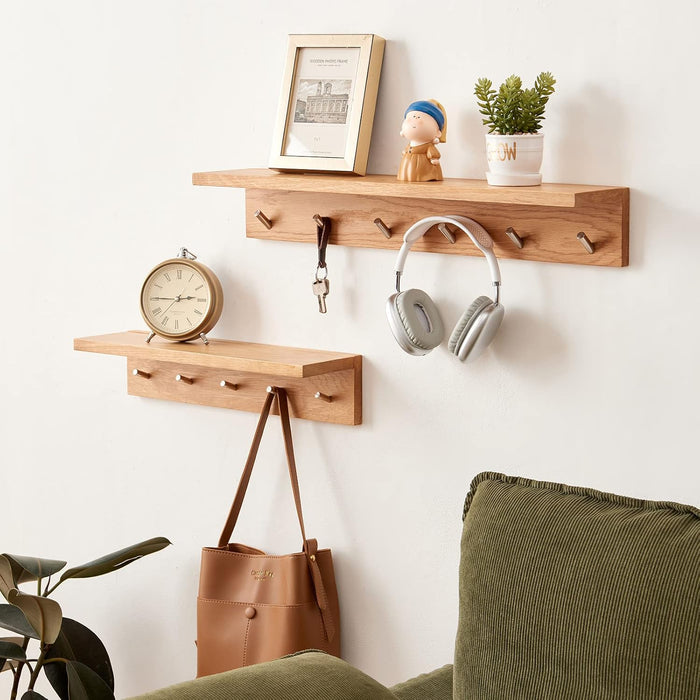 Coat Rack Shelf Wall Mounted Oak Wood Entryway Shelf with 5 Hooks Wall Coat Hook Rack with Floating Shelf for Bedroom, Living Room, Kitchen (Natural,20 inch)