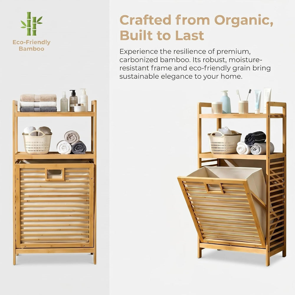 Bamboo Tilt Out Laundry Hamper with 2-Tier Storage Shelves