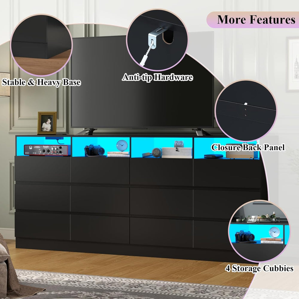 63" 6-Drawer Dresser with Divided Compartments, Power Outlet & LED L...