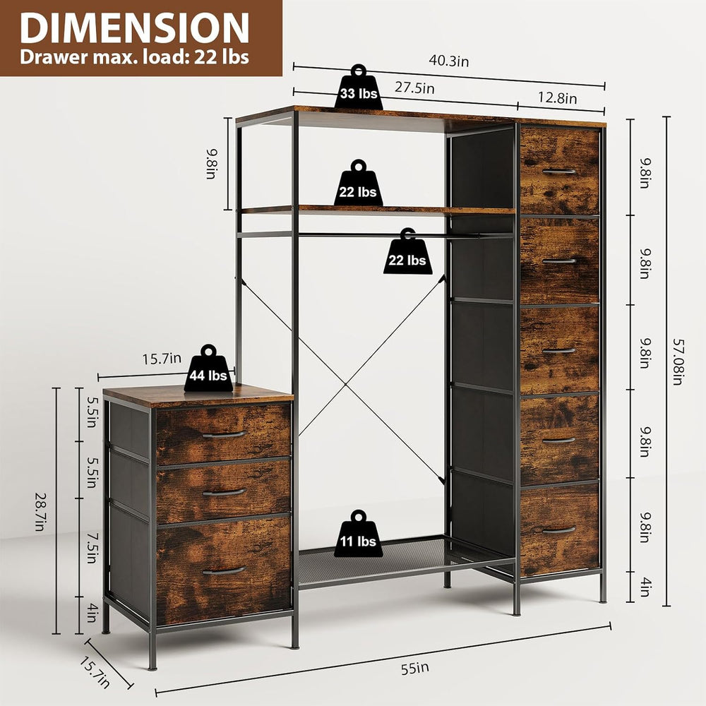 Clothes Rack with 8 Drawers, 4 Shelves & LED, 55" W×57" H Dress...